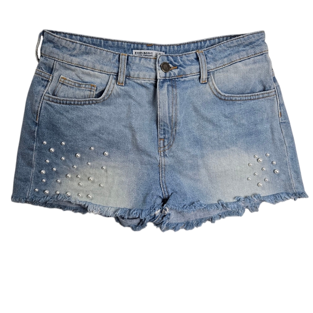 Zara Basic Women 6 Blue Pearl Cut Off Frayed Denim Jean Shorts